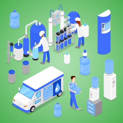 Isometric Water Purification Factory with Workers Inspecting the Quality Production. Vector flat 3d illustration